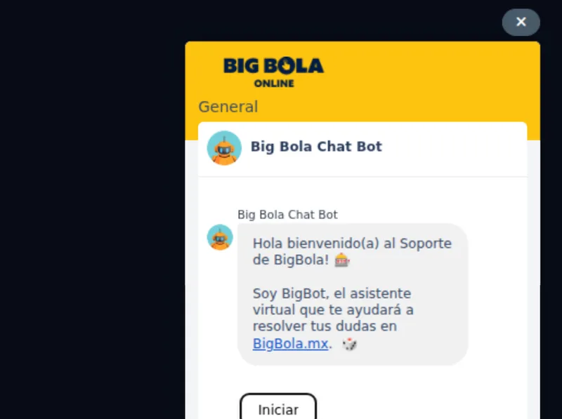 Ventana del chat de Big Bola abierta, con el encabezado Big Bola Chat Bot, el saludo de BigBot y el botón Iniciar