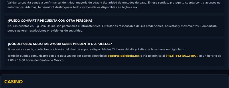 Respuesta de las preguntas frecuentes de Big Bola sobre dónde pedir ayuda con la cuenta o las apuestas, con chat, correo y teléfono